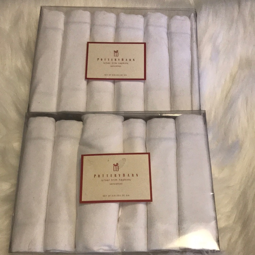 New Two sets of six POTTERY BARN silver trim napkins.  
100% Cotton